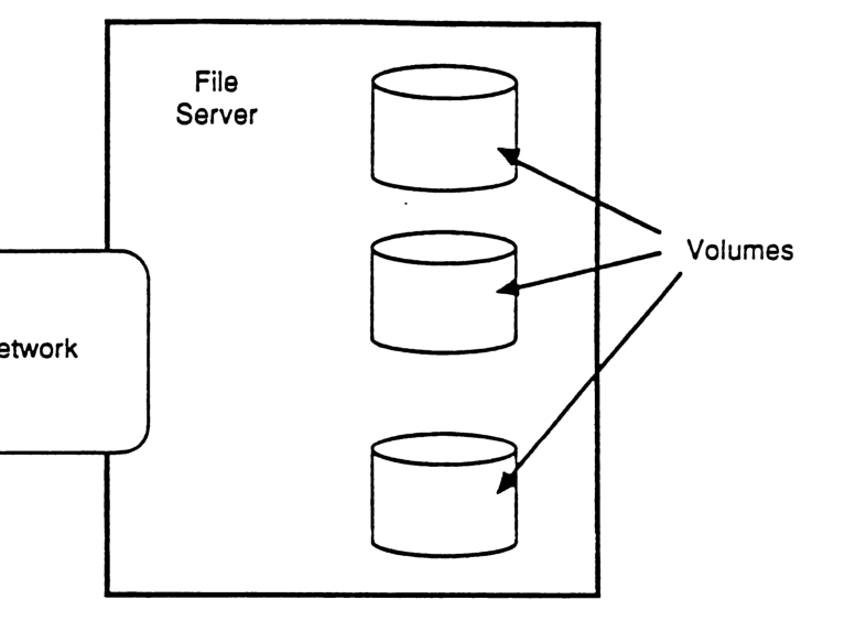 Conceptual diagram showing a File Server connected to a Network, containing three cylindrical storage Volumes.