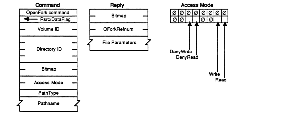 Packet Format for OpenFork command, reply, and access mode bitmask