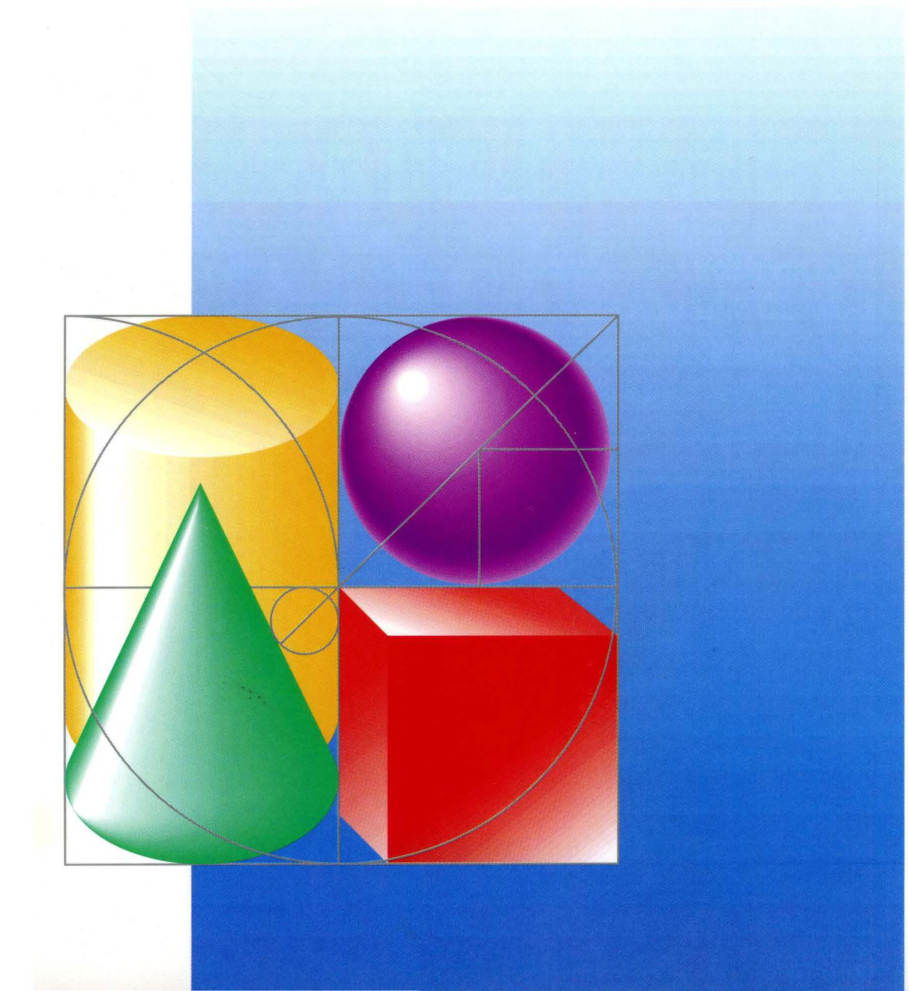 Cover illustration featuring geometric shapes (cylinder, sphere, cone, and cube) with golden spiral overlay against a blue gradient background