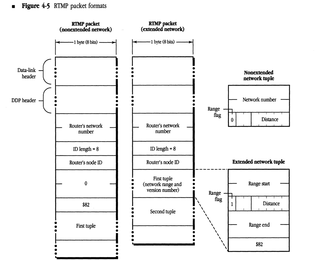 Diagram showing RTMP packet formats for nonextended and extended networks, including tuple structures.