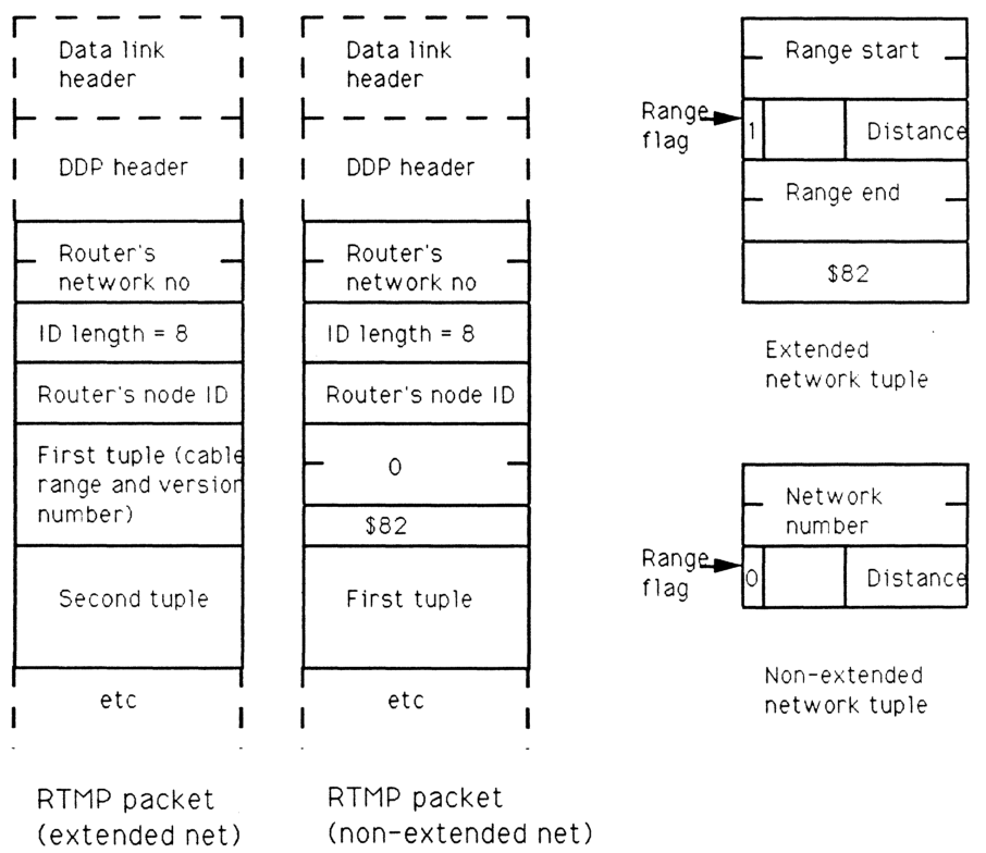 Diagram showing RTMP packet structures and tuple formats for extended and non-extended networks