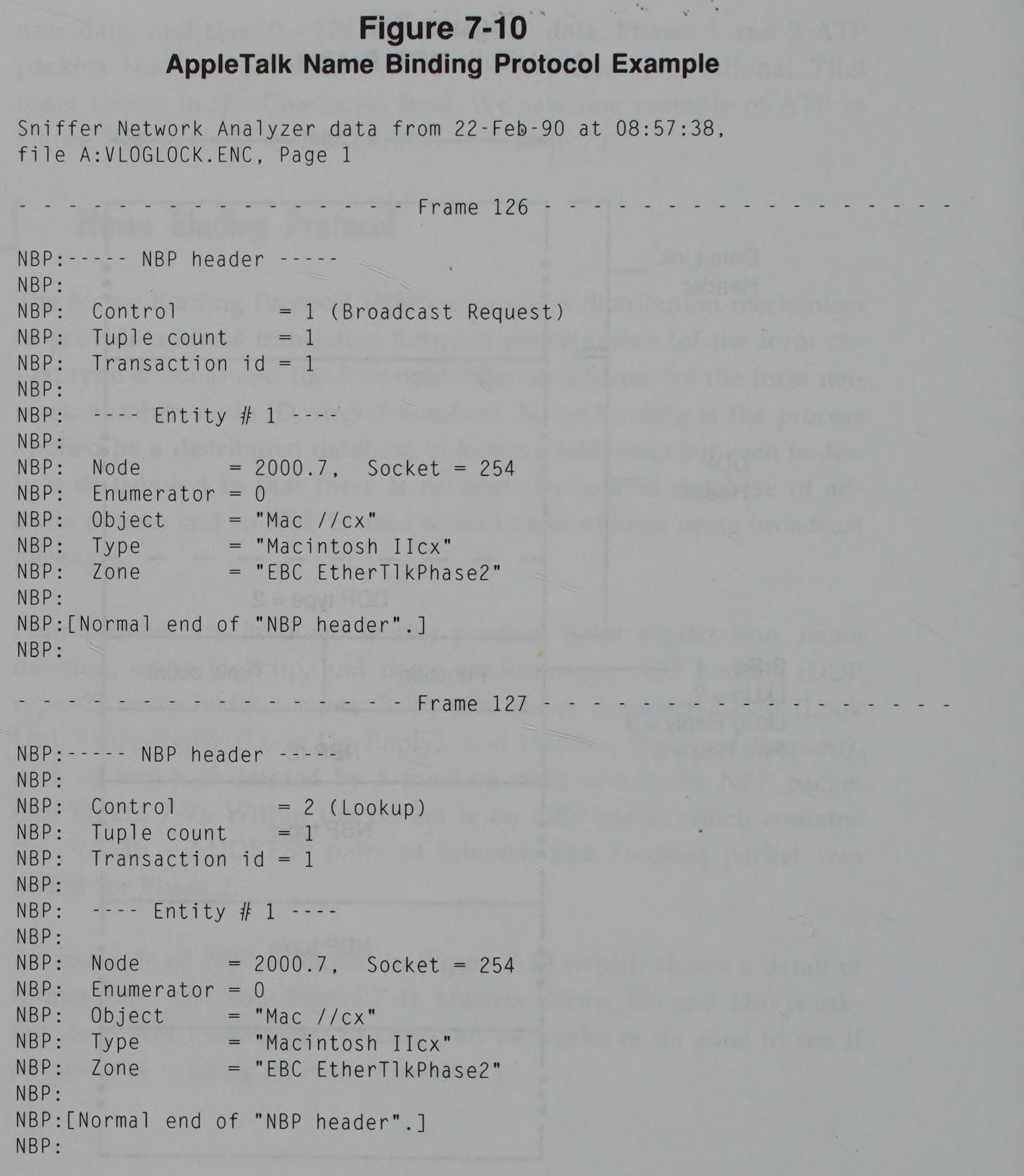 Sniffer trace of AppleTalk Name Binding Protocol frames 126 and 127