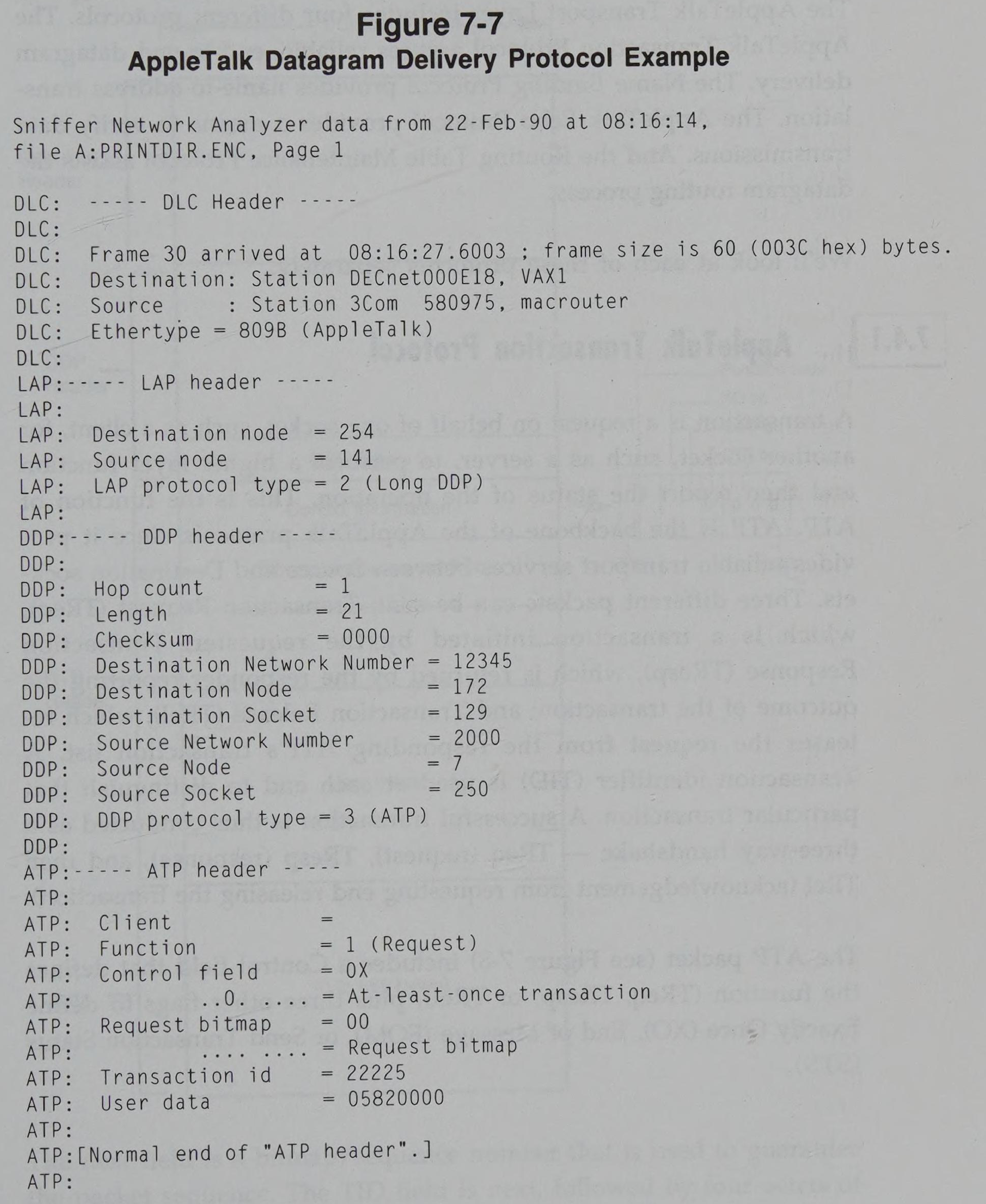 Sniffer Network Analyzer trace showing an AppleTalk DDP example