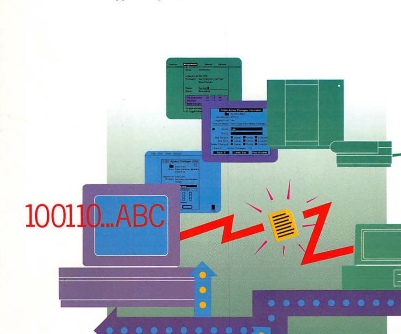 Illustration showing various AppleTalk networking concepts, hardware icons, and protocol layers.