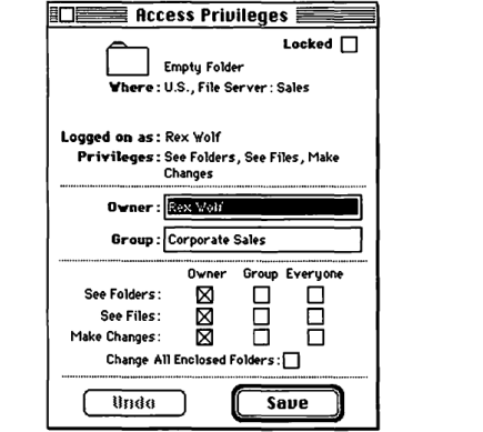 Access privileges window showing current privileges, owner, group, and checkbox options for Owner, Group, and Everyone.