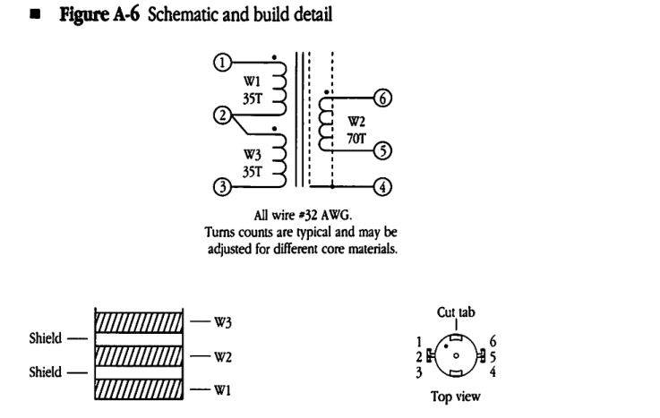 Schematic and build detail of the transformer, showing the electrical schematic with pin numbers, the physical winding stack-up with shields, and the top view of the pin layout.